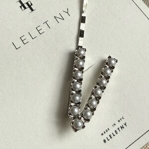 Lelet NY Silver Tone With Beads Metal Hair Clip Initial V New